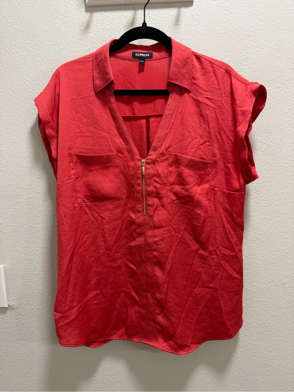 Express Coral-Red Short Sleeve Zip V-Neck Blouse